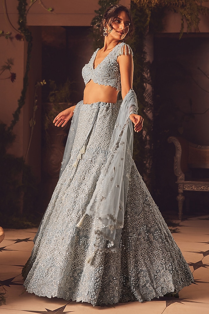 Blue-Grey Net Pearl Embroidered Flared Bridal Lehenga Set by ROQA | Siddharth Khurana & Kartik Khurana at Pernia's Pop Up Shop