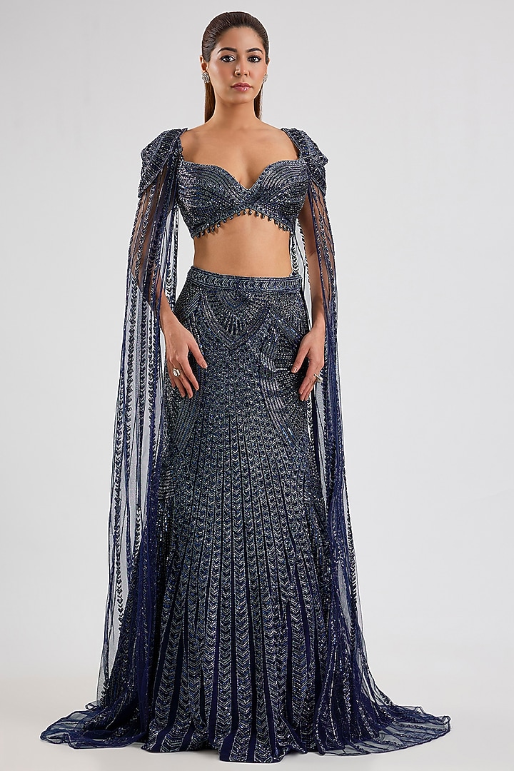 Blue Net Bridal Lehenga Set by ROQA | Siddharth Khurana & Kartik Khurana at Pernia's Pop Up Shop