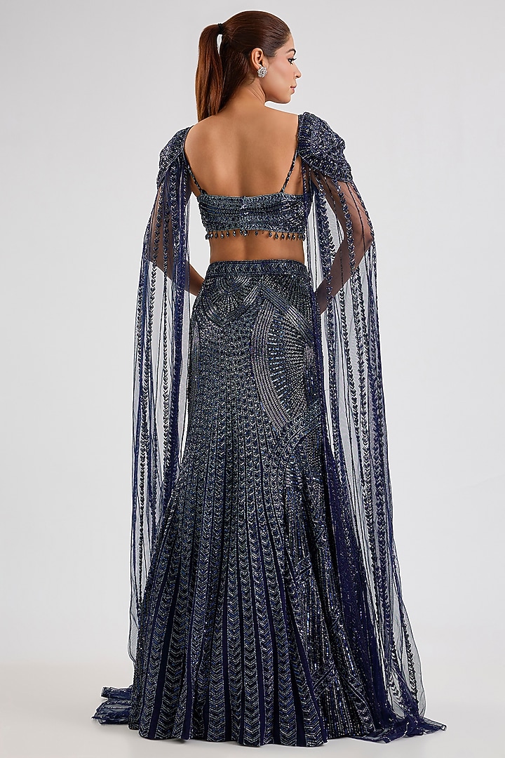 Blue Net Bridal Lehenga Set by ROQA | Siddharth Khurana & Kartik Khurana at Pernia's Pop Up Shop