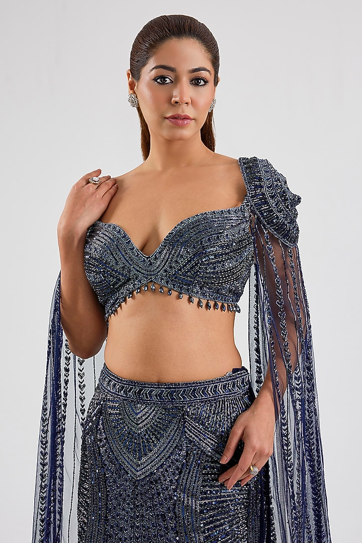 Blue Net Bridal Lehenga Set by ROQA | Siddharth Khurana & Kartik Khurana at Pernia's Pop Up Shop