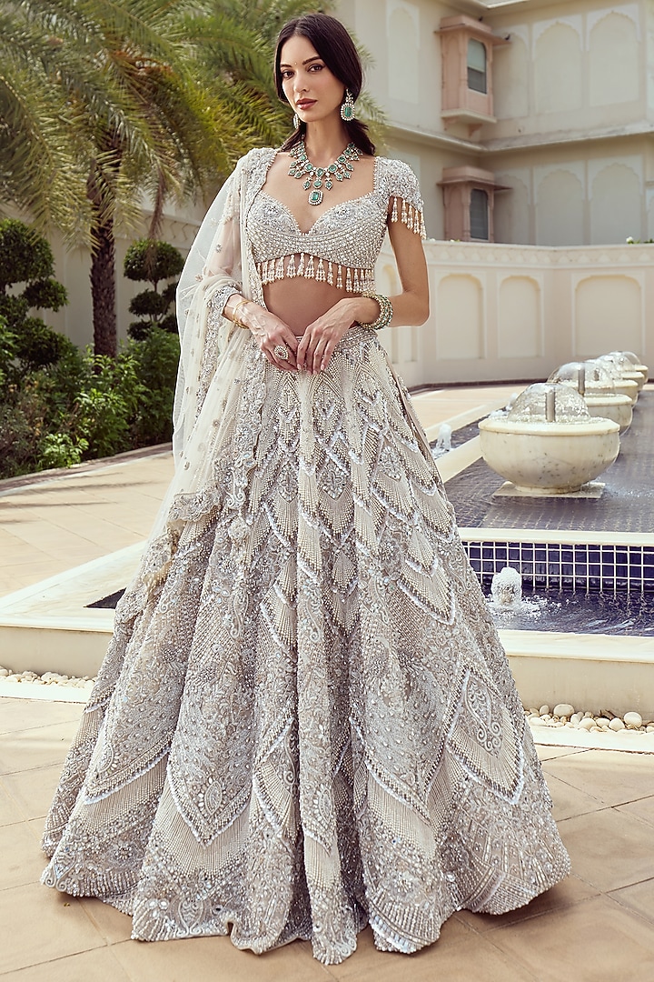 Ivory Net Sequin & Pearl Embroidered Bridal Bridal Lehenga Set by ROQA | Siddharth Khurana & Kartik Khurana at Pernia's Pop Up Shop