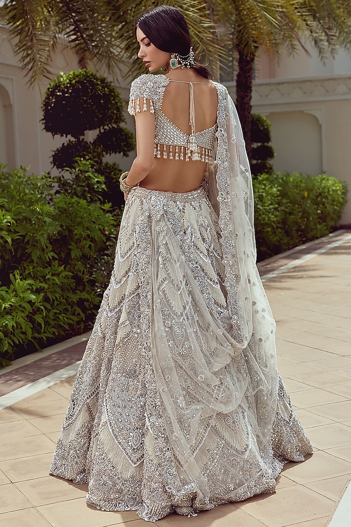 Ivory Net Sequin & Pearl Embroidered Bridal Bridal Lehenga Set by ROQA | Siddharth Khurana & Kartik Khurana at Pernia's Pop Up Shop