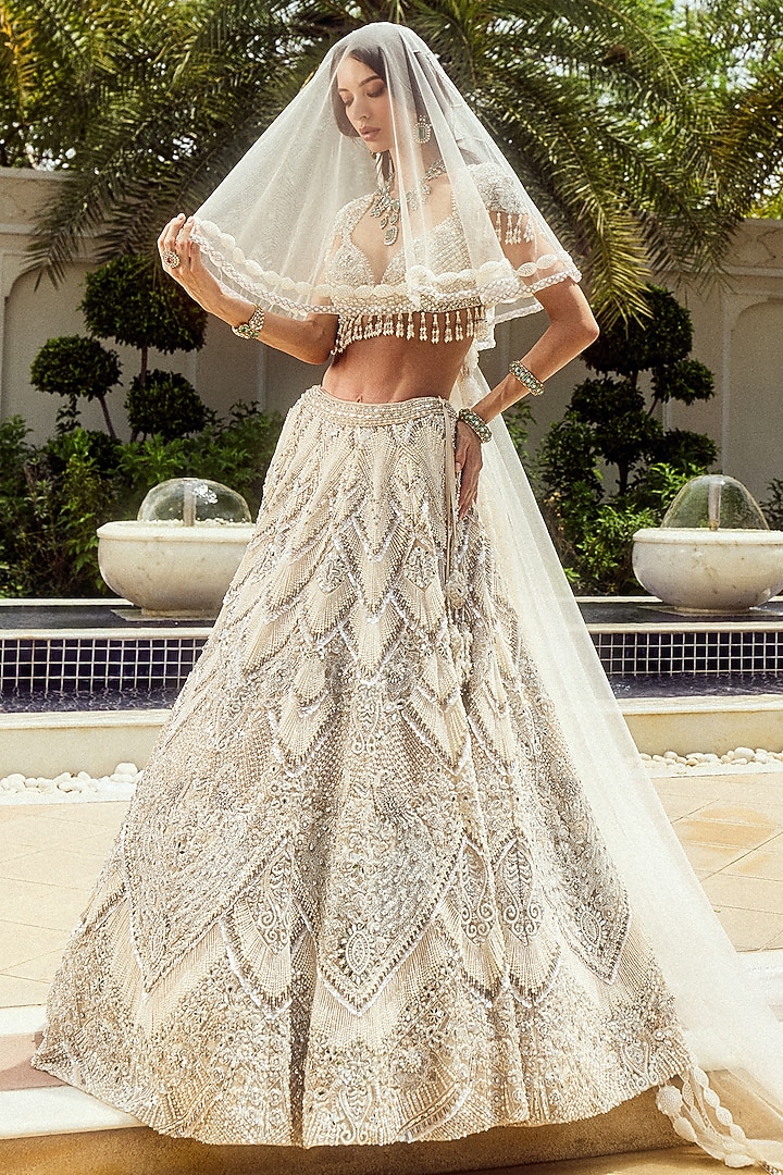 Ivory Net Sequin & Pearl Embroidered Bridal Bridal Lehenga Set by ROQA | Siddharth Khurana & Kartik Khurana at Pernia's Pop Up Shop
