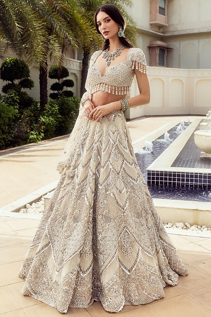 Ivory Net Sequin & Pearl Embroidered Bridal Bridal Lehenga Set by ROQA | Siddharth Khurana & Kartik Khurana at Pernia's Pop Up Shop