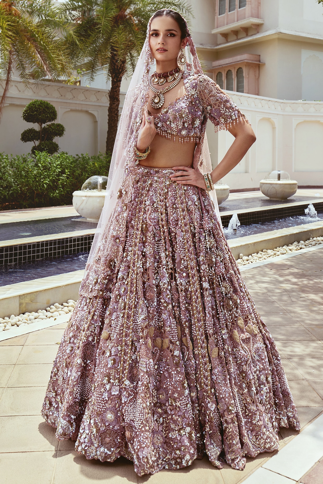 ROQA | Siddharth Khurana & Kartik Khurana Pink Net Crystal & Pearl Embroidered Bridal Lehenga Set