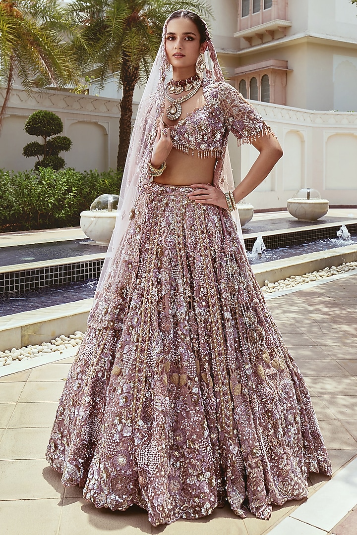 Pink Net Crystal & Pearl Embroidered Bridal Bridal Lehenga Set by ROQA | Siddharth Khurana & Kartik Khurana at Pernia's Pop Up Shop