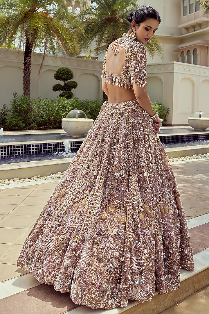 Pink Net Crystal & Pearl Embroidered Bridal Bridal Lehenga Set by ROQA | Siddharth Khurana & Kartik Khurana at Pernia's Pop Up Shop
