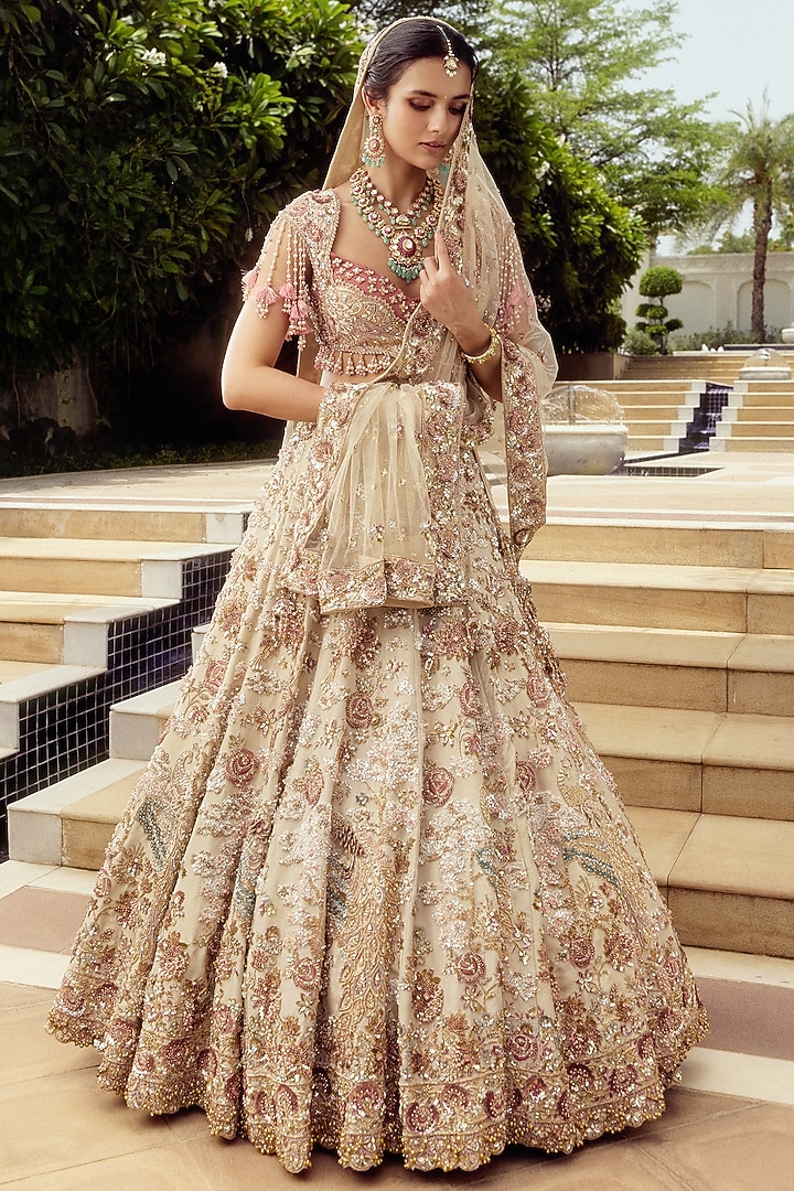 Ivory Tissue Hand Embroidered Bridal Bridal Lehenga Set by ROQA | Siddharth Khurana & Kartik Khurana at Pernia's Pop Up Shop