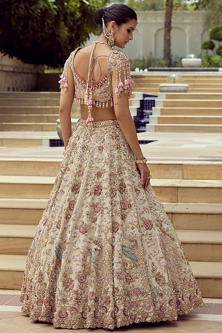 Ivory Tissue Hand Embroidered Bridal Bridal Lehenga Set by ROQA | Siddharth Khurana & Kartik Khurana at Pernia's Pop Up Shop