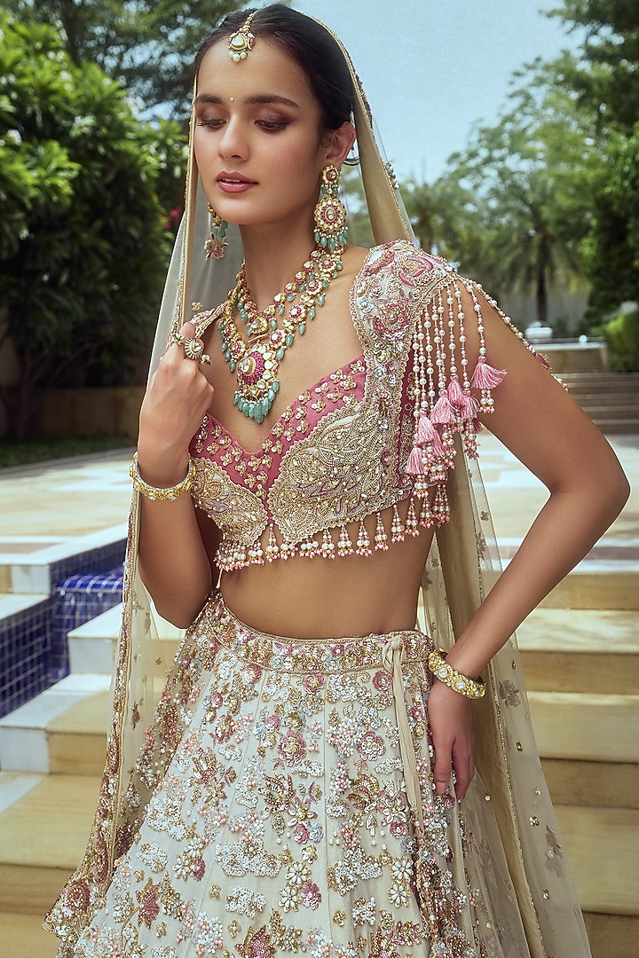 Ivory Tissue Hand Embroidered Bridal Bridal Lehenga Set by ROQA | Siddharth Khurana & Kartik Khurana at Pernia's Pop Up Shop
