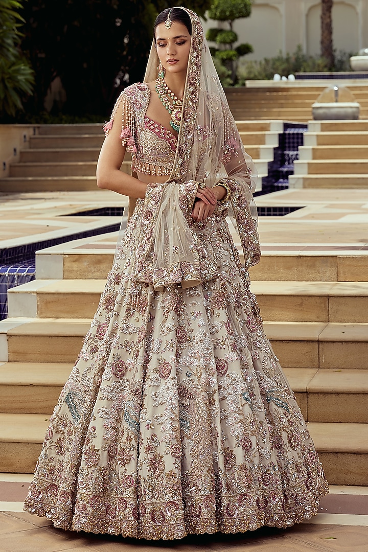 Ivory Tissue Hand Embroidered Bridal Bridal Lehenga Set by ROQA | Siddharth Khurana & Kartik Khurana at Pernia's Pop Up Shop