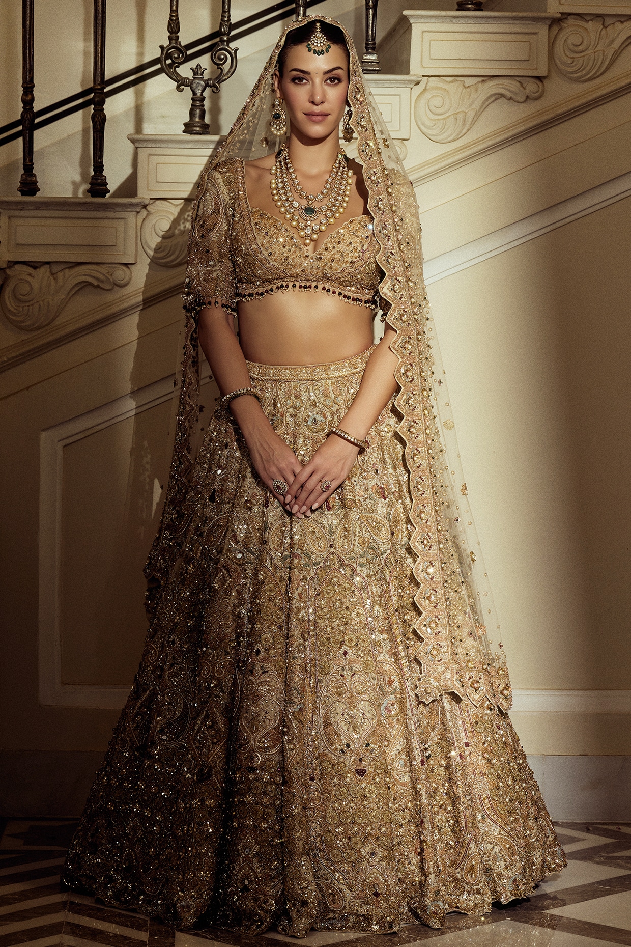 ROQA | Siddharth Khurana & Kartik Khurana Gold Tissue Zardosi & Sequin Embroidered Bridal Lehenga Set