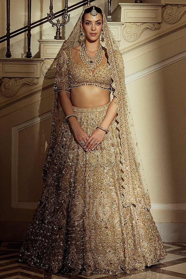 Gold Tissue Zardosi & Sequin Embroidered Bridal Bridal Lehenga Set by ROQA | Siddharth Khurana & Kartik Khurana at Pernia's Pop Up Shop