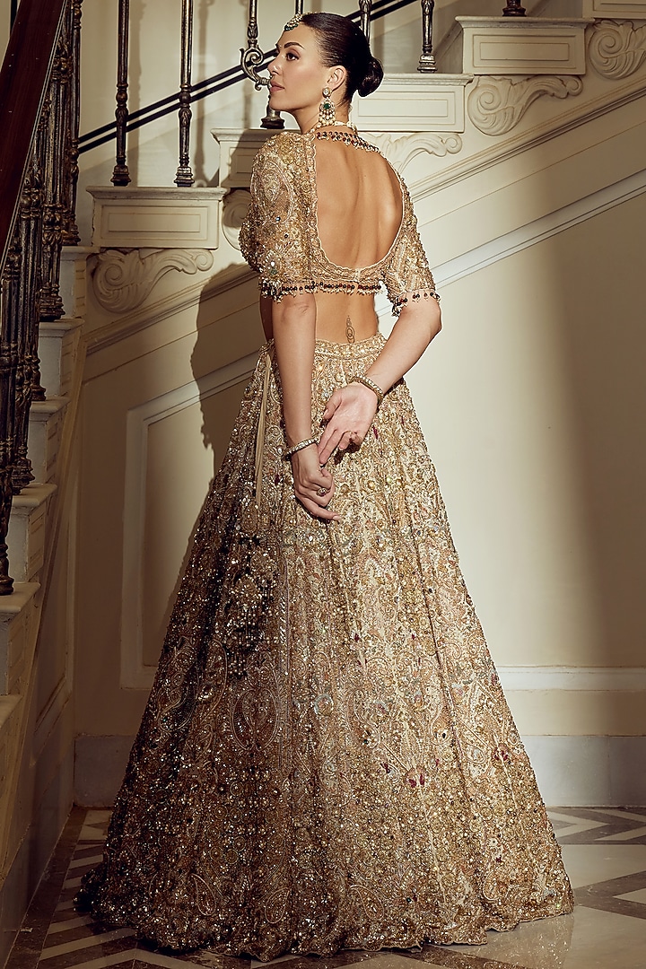 Gold Tissue Zardosi & Sequin Embroidered Bridal Bridal Lehenga Set by ROQA | Siddharth Khurana & Kartik Khurana at Pernia's Pop Up Shop