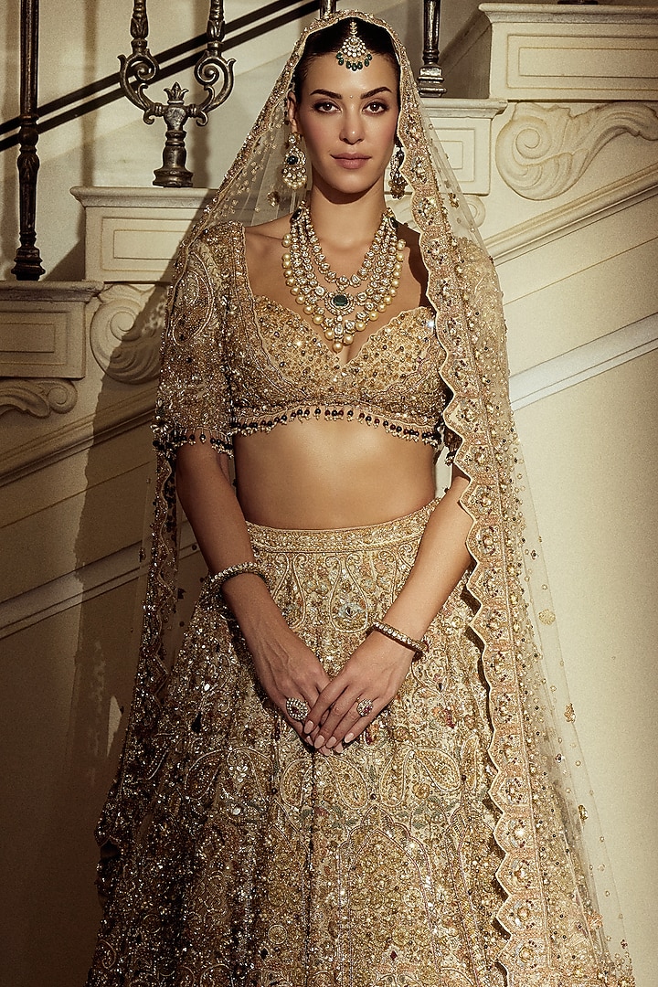 Gold Tissue Zardosi & Sequin Embroidered Bridal Bridal Lehenga Set by ROQA | Siddharth Khurana & Kartik Khurana at Pernia's Pop Up Shop