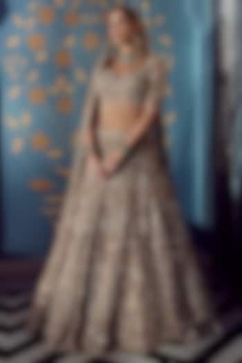 Rose Gold Net Crystal Hand Embroidered Bridal Bridal Lehenga Set by ROQA | Siddharth Khurana & Kartik Khurana at Pernia's Pop Up Shop