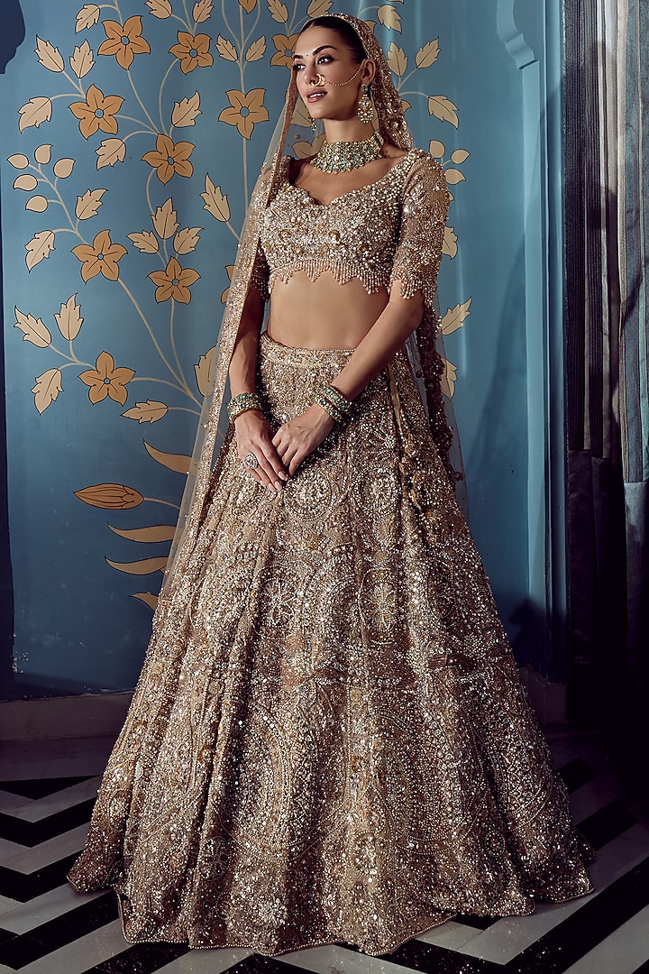 Rose Gold Net Crystal Hand Embroidered Bridal Bridal Lehenga Set by ROQA | Siddharth Khurana & Kartik Khurana at Pernia's Pop Up Shop