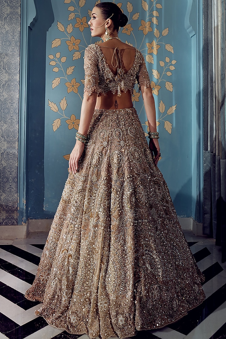Rose Gold Net Crystal Hand Embroidered Bridal Bridal Lehenga Set by ROQA | Siddharth Khurana & Kartik Khurana at Pernia's Pop Up Shop