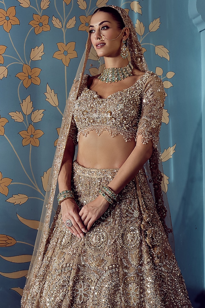 Rose Gold Net Crystal Hand Embroidered Bridal Bridal Lehenga Set by ROQA | Siddharth Khurana & Kartik Khurana at Pernia's Pop Up Shop