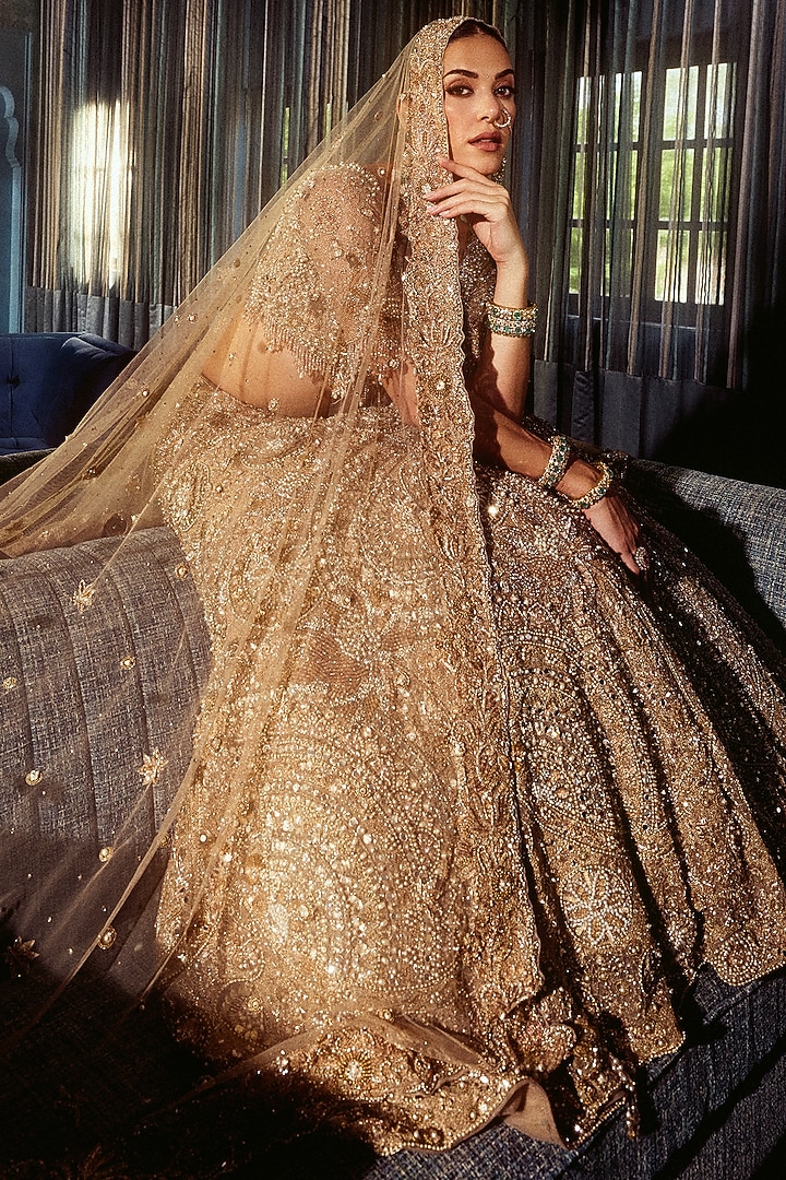 Rose Gold Net Crystal Hand Embroidered Bridal Bridal Lehenga Set by ROQA | Siddharth Khurana & Kartik Khurana at Pernia's Pop Up Shop