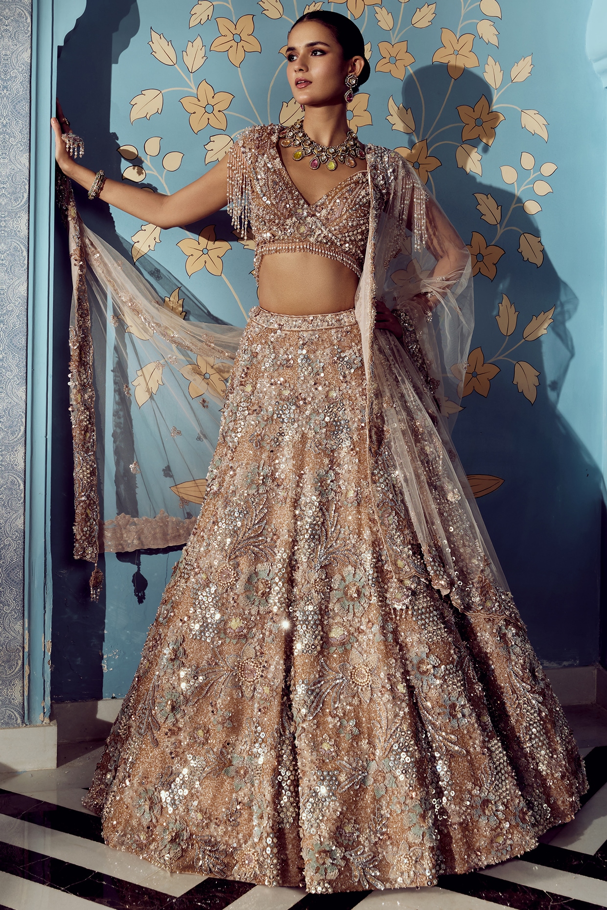 ROQA | Siddharth Khurana & Kartik Khurana Beige Net Sequin & Crystal Embroidered Bridal Lehenga Set