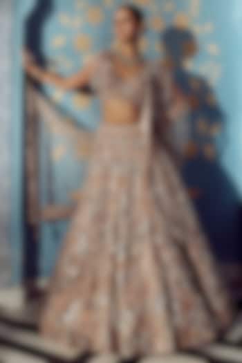 Beige Net Sequin & Crystal Embroidered Bridal Bridal Lehenga Set by ROQA | Siddharth Khurana & Kartik Khurana at Pernia's Pop Up Shop