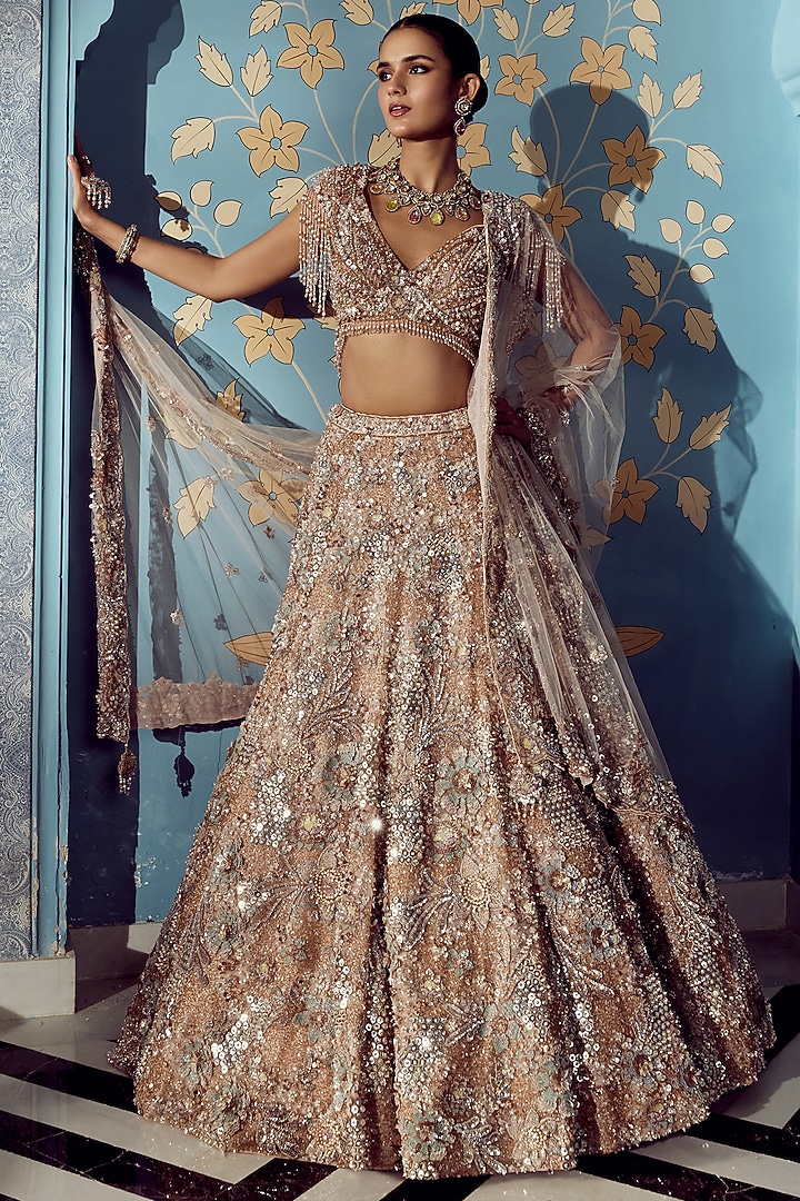 Beige Net Sequin & Crystal Embroidered Bridal Bridal Lehenga Set by ROQA | Siddharth Khurana & Kartik Khurana at Pernia's Pop Up Shop