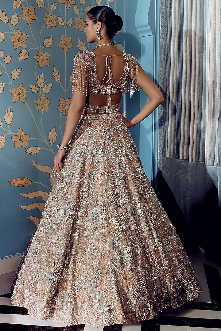 Beige Net Sequin & Crystal Embroidered Bridal Bridal Lehenga Set by ROQA | Siddharth Khurana & Kartik Khurana at Pernia's Pop Up Shop