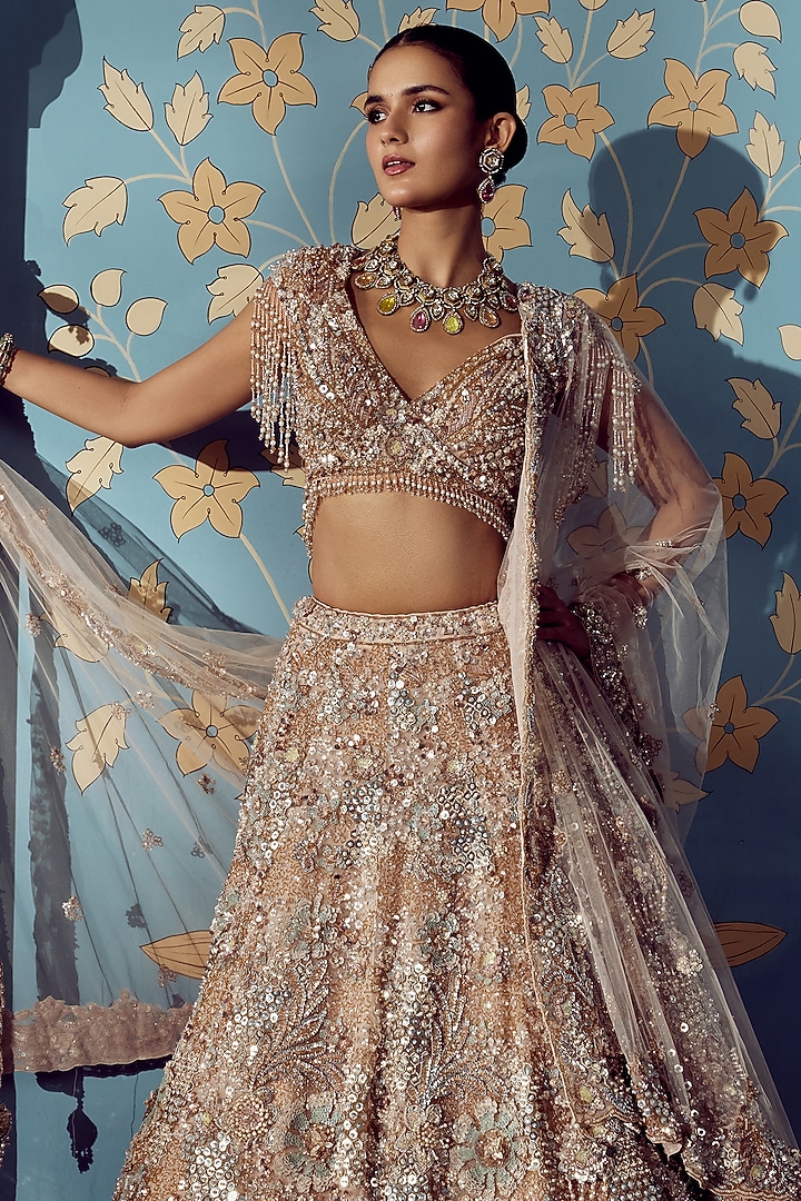 Beige Net Sequin & Crystal Embroidered Bridal Bridal Lehenga Set by ROQA | Siddharth Khurana & Kartik Khurana at Pernia's Pop Up Shop