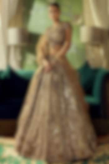 Copper Gold Pure Tissue Sequin Embroidered Bridal Bridal Lehenga Set by ROQA | Siddharth Khurana & Kartik Khurana at Pernia's Pop Up Shop