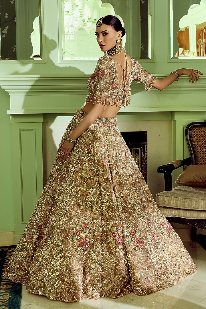 Peach Net Sequin & Floral Embroidered Bridal Bridal Lehenga Set by ROQA | Siddharth Khurana & Kartik Khurana at Pernia's Pop Up Shop