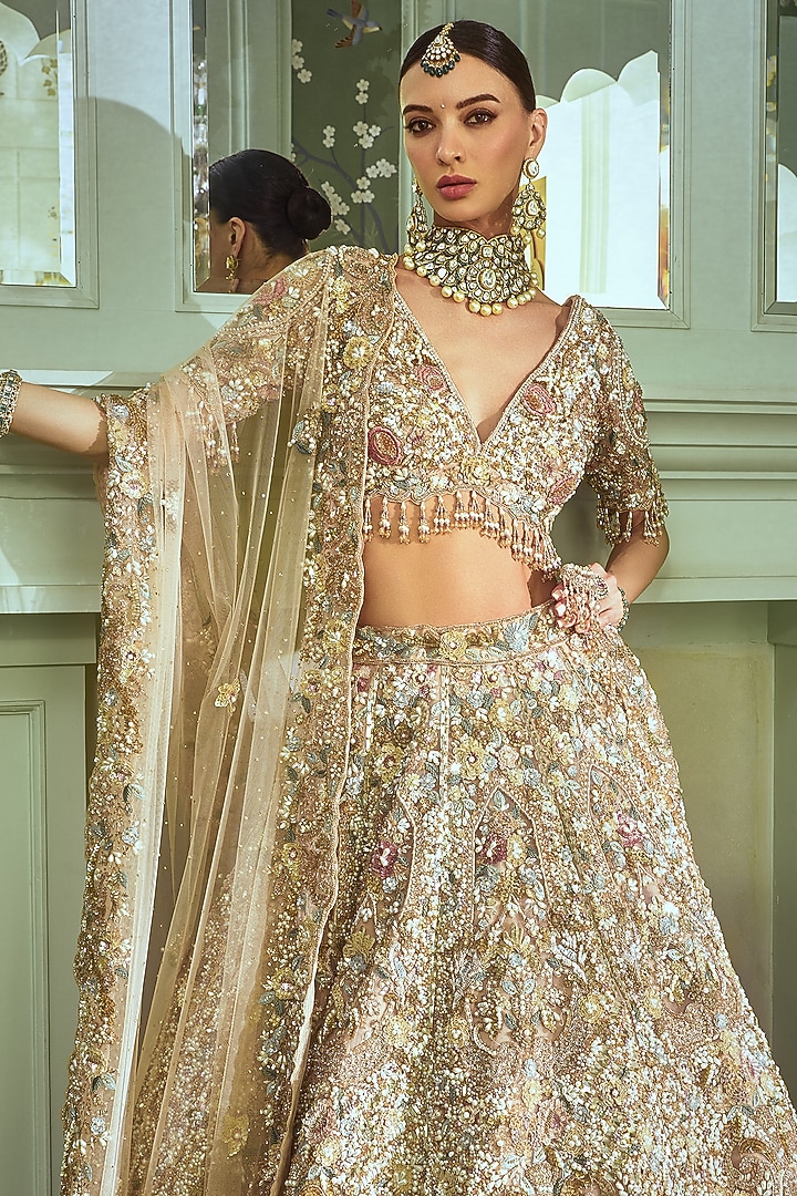 Peach Net Sequin & Floral Embroidered Bridal Bridal Lehenga Set by ROQA | Siddharth Khurana & Kartik Khurana at Pernia's Pop Up Shop