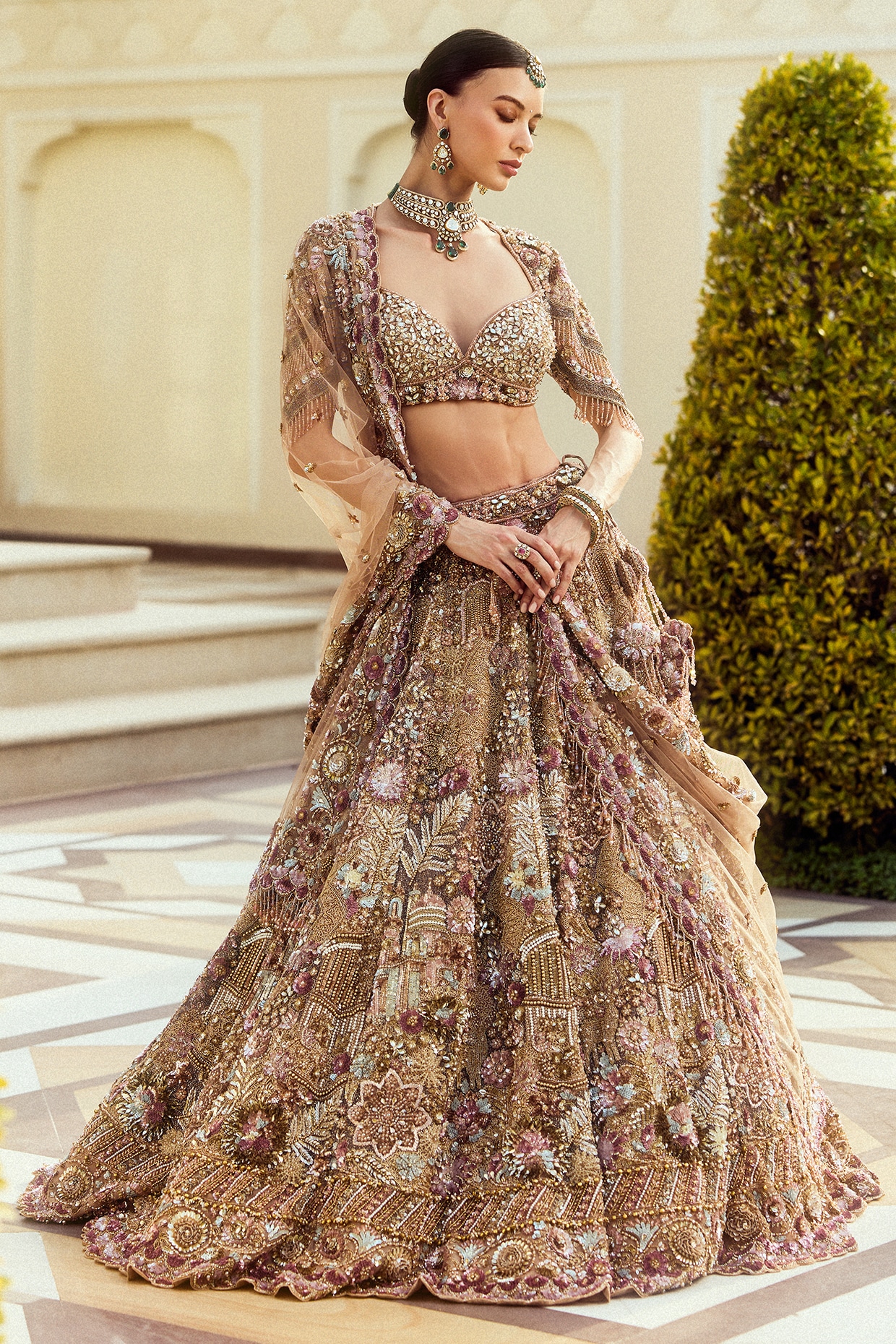 ROQA | Siddharth Khurana & Kartik Khurana Dusty Rose Net Sequin & Crystal Embroidered Bridal Lehenga Set