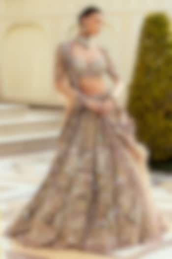 Dusty Rose Net Sequin & Crystal Embroidered Bridal Bridal Lehenga Set by ROQA | Siddharth Khurana & Kartik Khurana at Pernia's Pop Up Shop