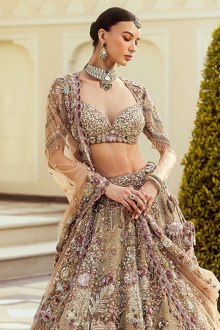 Dusty Rose Net Sequin & Crystal Embroidered Bridal Bridal Lehenga Set by ROQA | Siddharth Khurana & Kartik Khurana at Pernia's Pop Up Shop