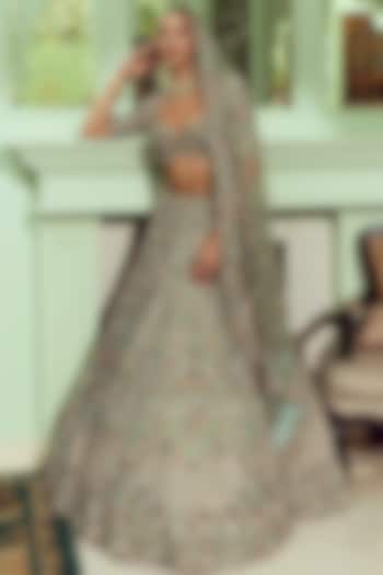 Turquoise Tissue Sequin & Floral Embroidered Bridal Bridal Lehenga Set by ROQA | Siddharth Khurana & Kartik Khurana at Pernia's Pop Up Shop