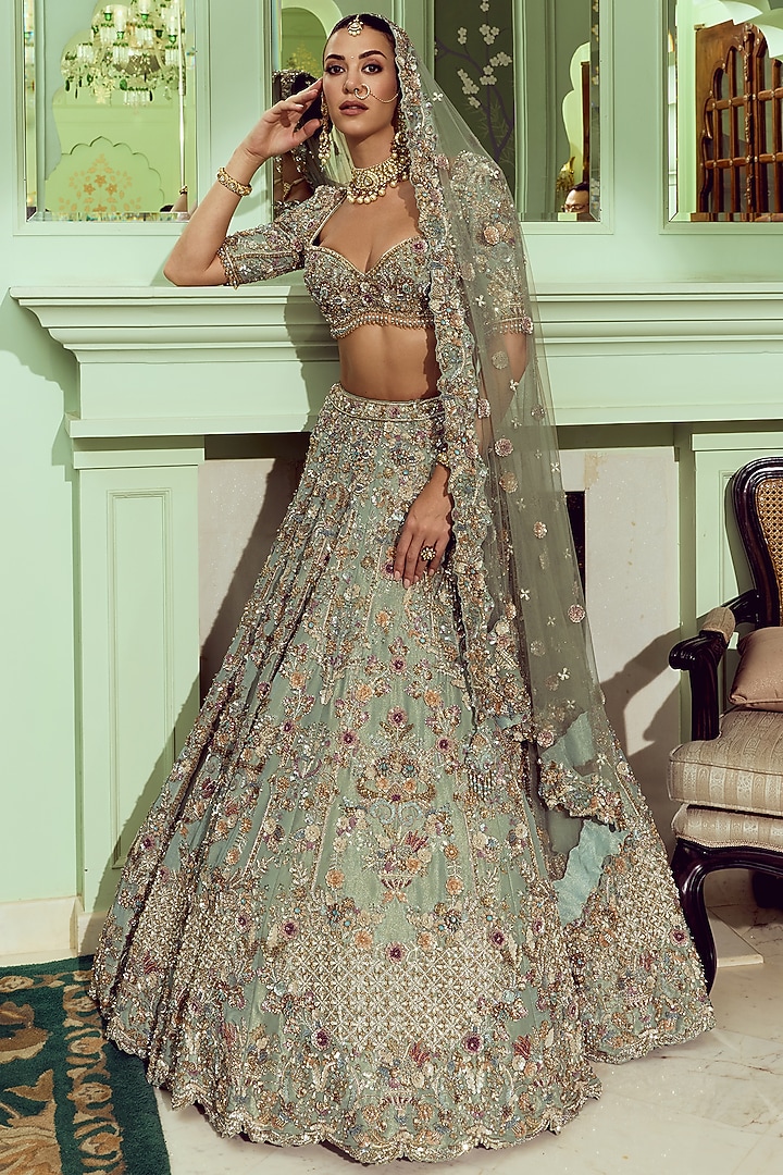 Turquoise Tissue Sequin & Floral Embroidered Bridal Bridal Lehenga Set by ROQA | Siddharth Khurana & Kartik Khurana at Pernia's Pop Up Shop