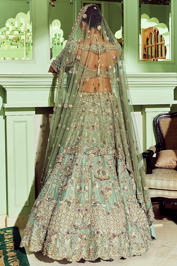 Turquoise Tissue Sequin & Floral Embroidered Bridal Bridal Lehenga Set by ROQA | Siddharth Khurana & Kartik Khurana at Pernia's Pop Up Shop