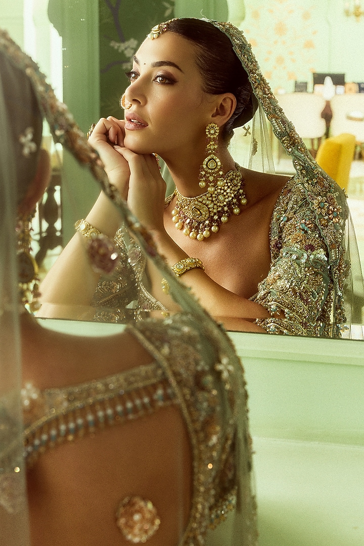 Turquoise Tissue Sequin & Floral Embroidered Bridal Bridal Lehenga Set by ROQA | Siddharth Khurana & Kartik Khurana at Pernia's Pop Up Shop
