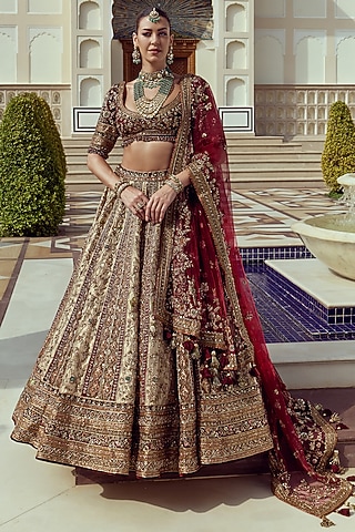Golden Premium Tissue Zari Embroidered Bridal Lehenga Set by ROQA | Siddharth Khurana & Kartik Khurana
