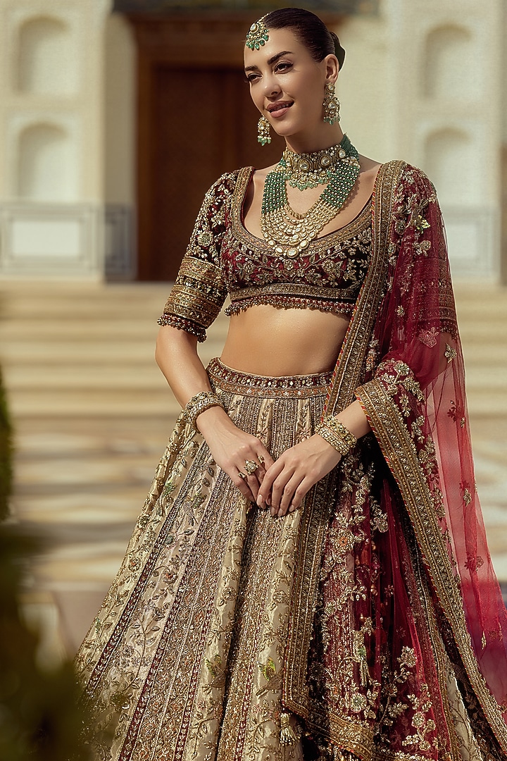 Golden Premium Tissue Zari Embroidered Bridal Bridal Lehenga Set by ROQA | Siddharth Khurana & Kartik Khurana at Pernia's Pop Up Shop