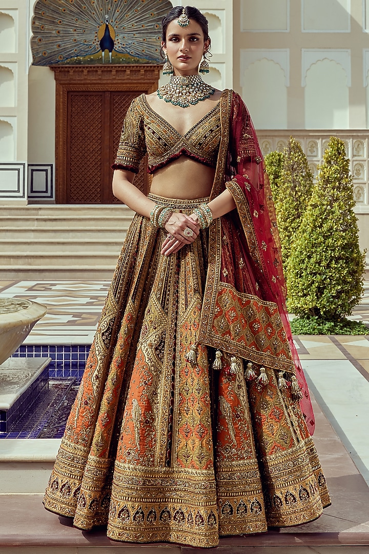 Multi-Colored Raw Silk Zari Embroidered Bridal Bridal Lehenga Set by ROQA | Siddharth Khurana & Kartik Khurana at Pernia's Pop Up Shop
