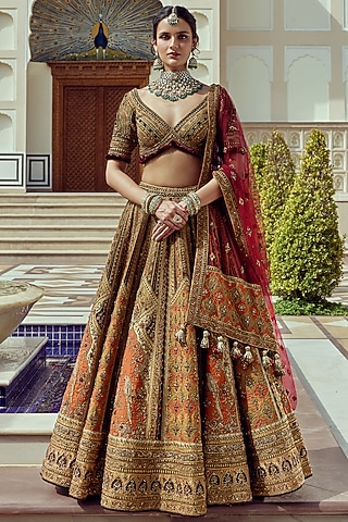 Multi-Colored Raw Silk Zari Embroidered Bridal Lehenga Set by ROQA | Siddharth Khurana & Kartik Khurana