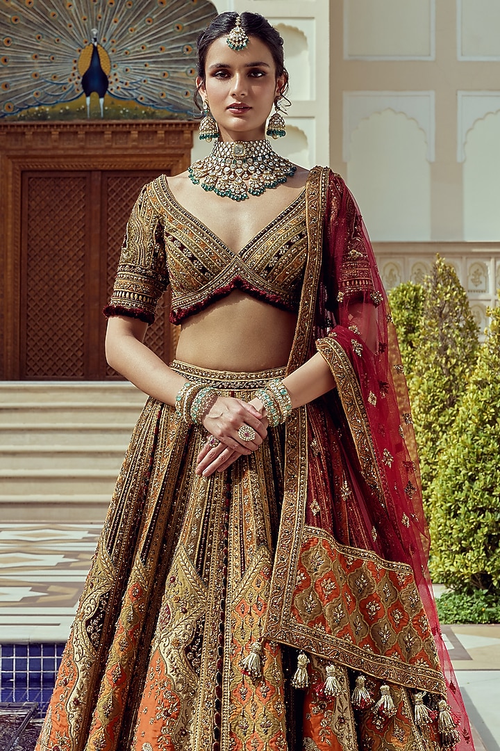 Multi-Colored Raw Silk Zari Embroidered Bridal Bridal Lehenga Set by ROQA | Siddharth Khurana & Kartik Khurana at Pernia's Pop Up Shop