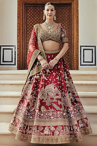 Red Premium Raw Silk Resham Embroidered Bridal Lehenga Set by ROQA | Siddharth Khurana & Kartik Khurana