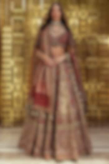 Maroon Premium Banarasi Silk Zari Embroidered Bridal Bridal Lehenga Set by ROQA | Siddharth Khurana & Kartik Khurana at Pernia's Pop Up Shop