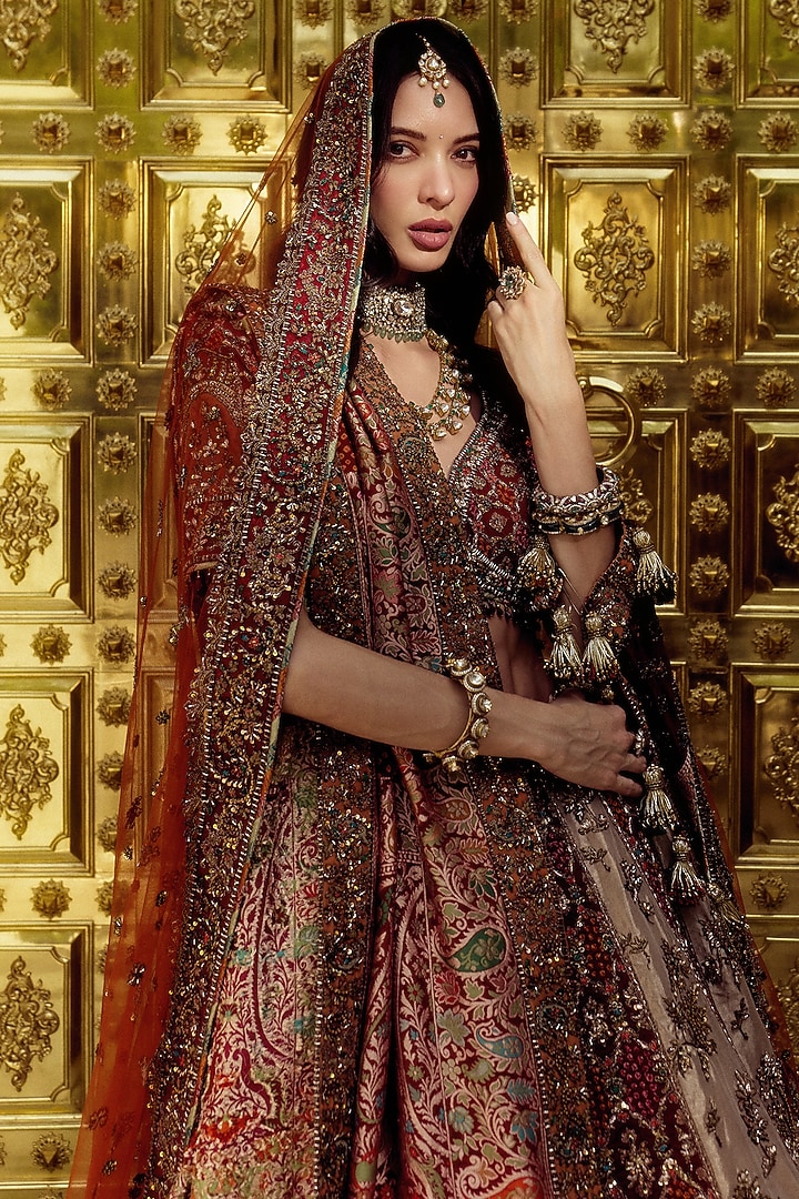 Maroon Premium Banarasi Silk Zari Embroidered Bridal Bridal Lehenga Set by ROQA | Siddharth Khurana & Kartik Khurana at Pernia's Pop Up Shop