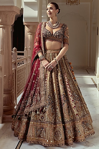 Green Raw Silk Dabka Hand Embroidered Bridal Lehenga Set by ROQA | Siddharth Khurana & Kartik Khurana