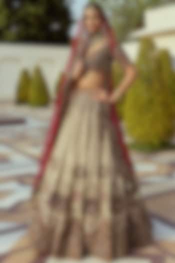 Golden Tissue Silk Floral Embroidered Bridal Bridal Lehenga Set by ROQA | Siddharth Khurana & Kartik Khurana at Pernia's Pop Up Shop