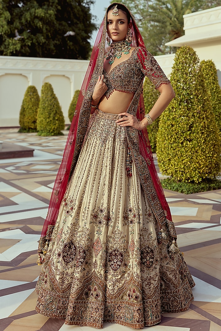 Golden Tissue Silk Floral Embroidered Bridal Bridal Lehenga Set by ROQA | Siddharth Khurana & Kartik Khurana at Pernia's Pop Up Shop